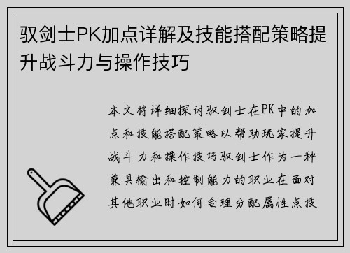 驭剑士PK加点详解及技能搭配策略提升战斗力与操作技巧